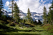 Il sentiero che sale ai laghi delle streghe, sullo sfondo le vette chiudono a Nord l'Alpe Veglia. 